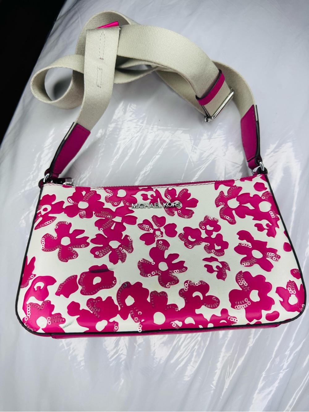 Michael Kors White and Hot Pink Floral Crossbody Bag